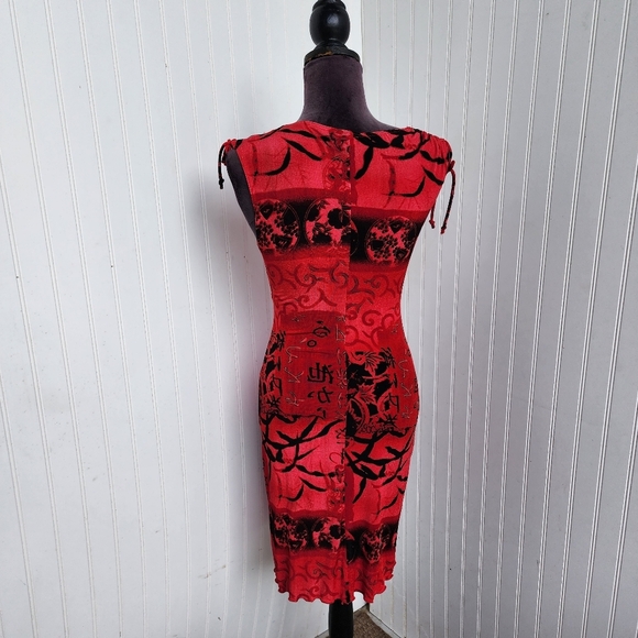 E. Gen Red Black Stretch Swim Cover Up Women's Print Dress Tie Shoulder Sz S - Picture 7 of 15